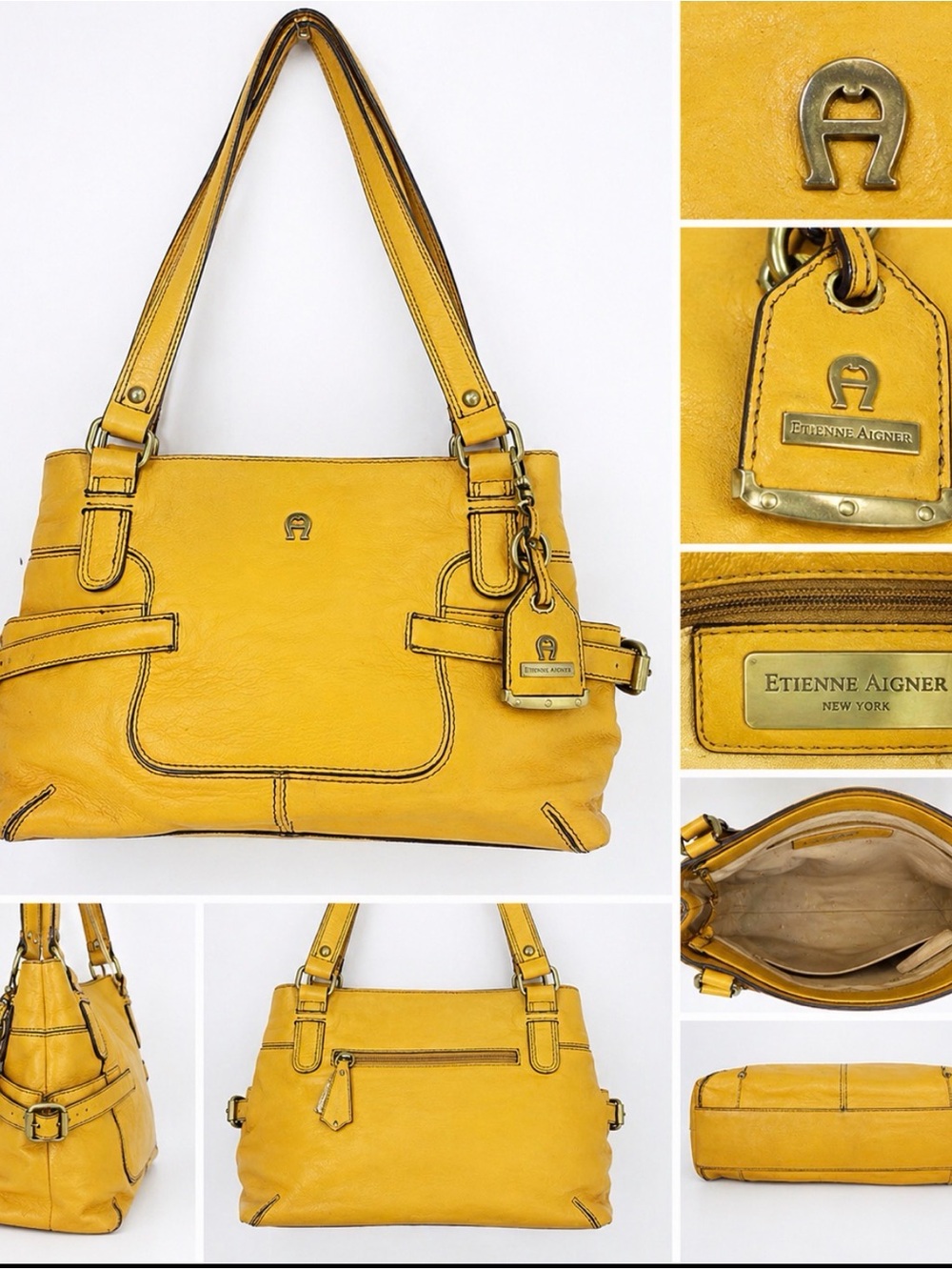Vintage Etienne Aigner Mustard Yellow Leather Shoulder Bag with Aigner Hardware